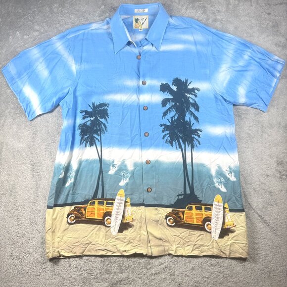 Ron Chereskin Hawaiian Rayon Shirt XL Blue Palm Trees Surf Cars Retro Beach - Picture 1 of 10